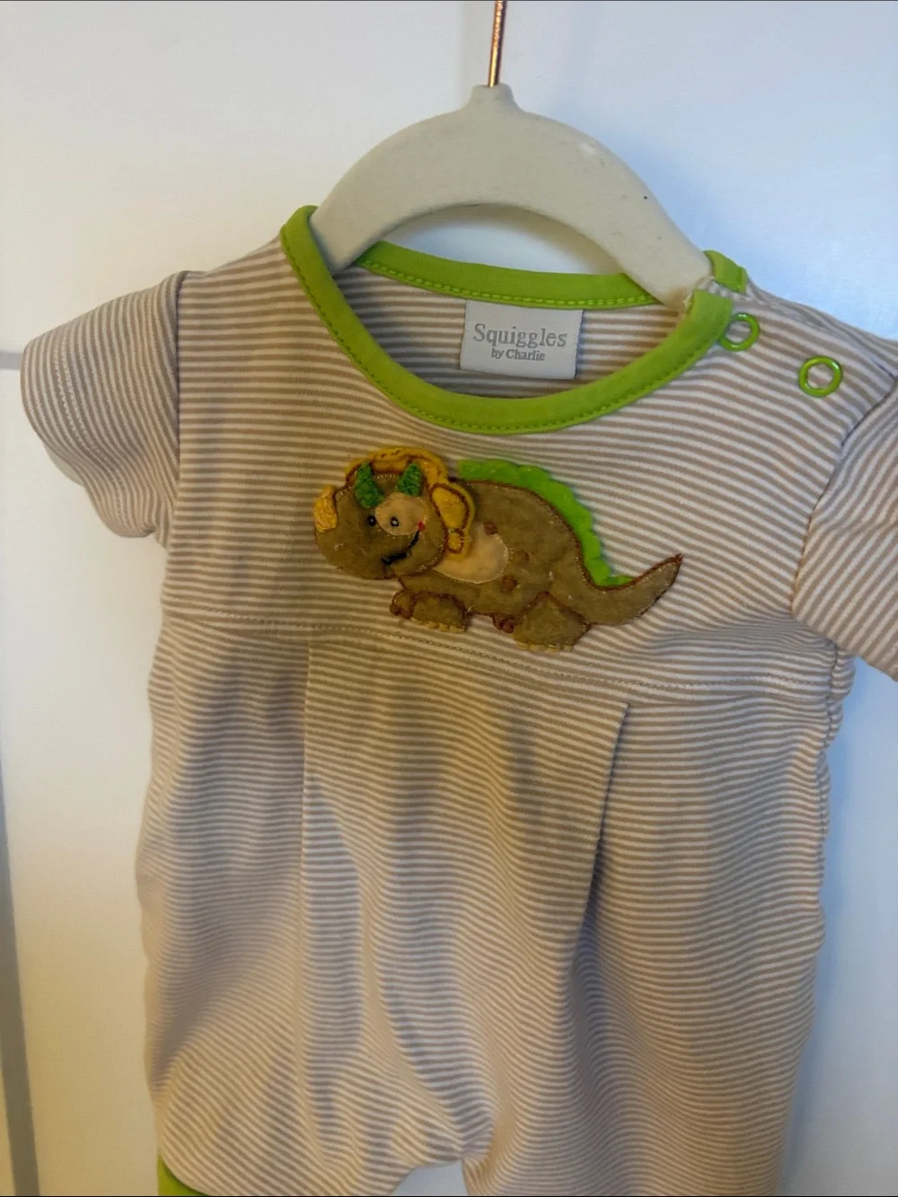 Squiggles by Charlie Striped Baby Romper with Dinosaur Applique 0-3 Months